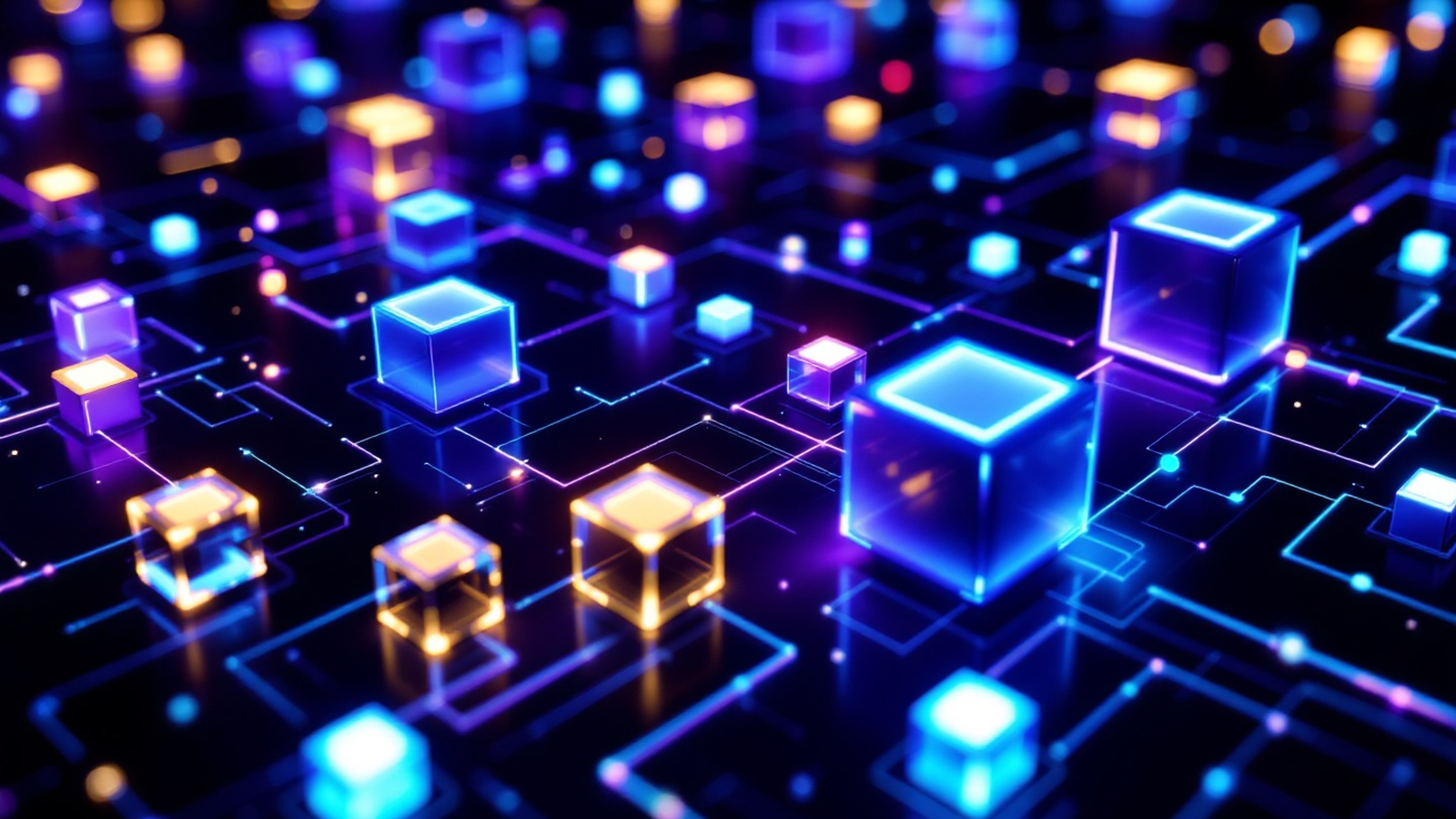 Abstract AI governance network with glowing cubes and connected control paths.