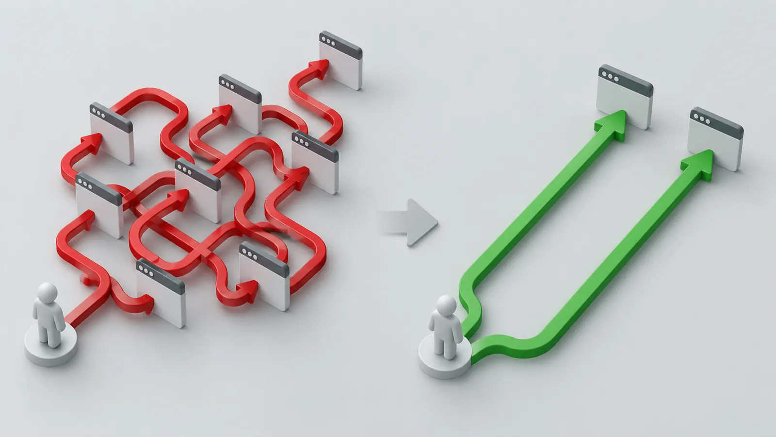 Red redirect chain untangled into two direct green routes