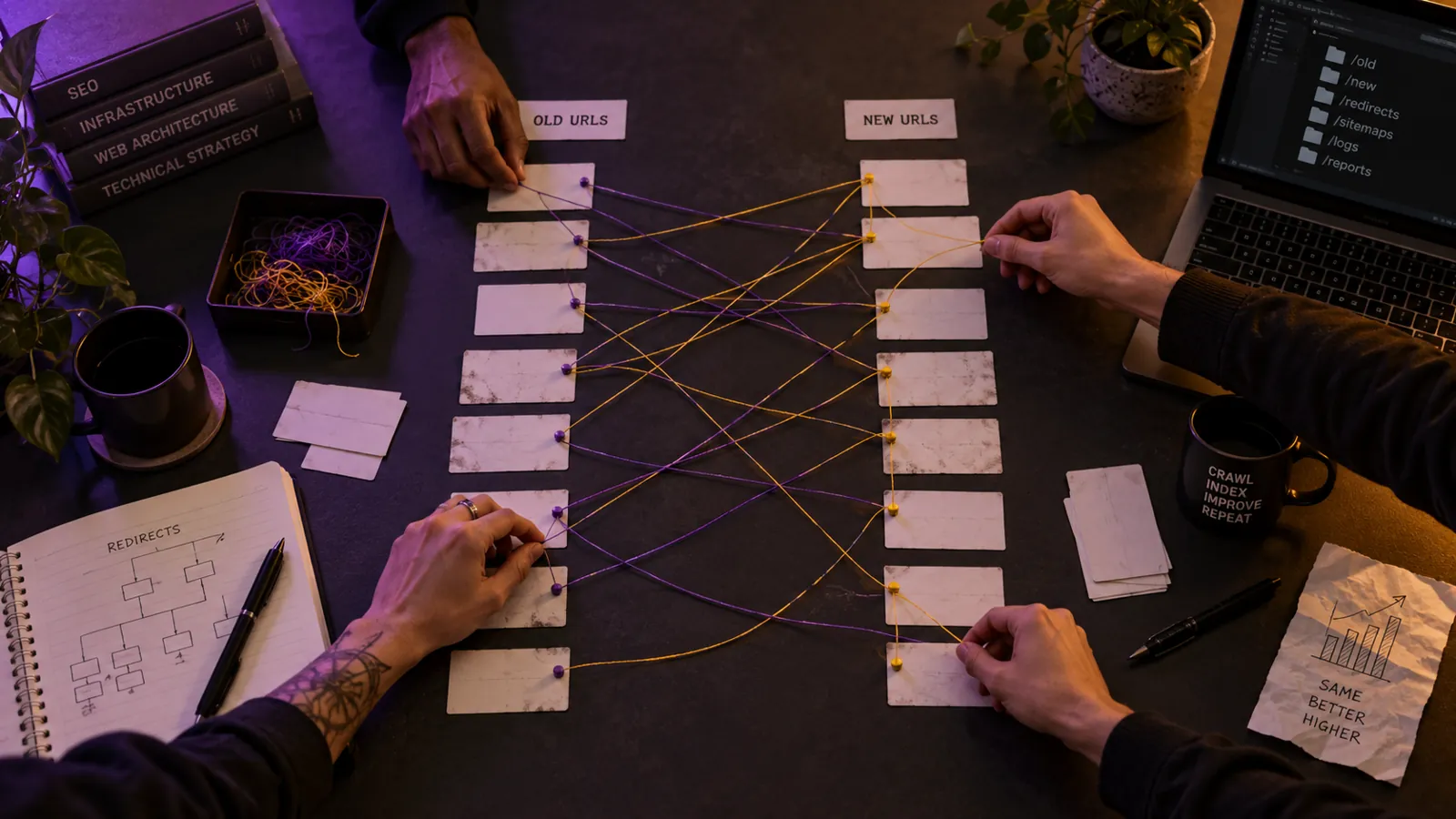 Technical team mapping old and new URL cards across a dark table