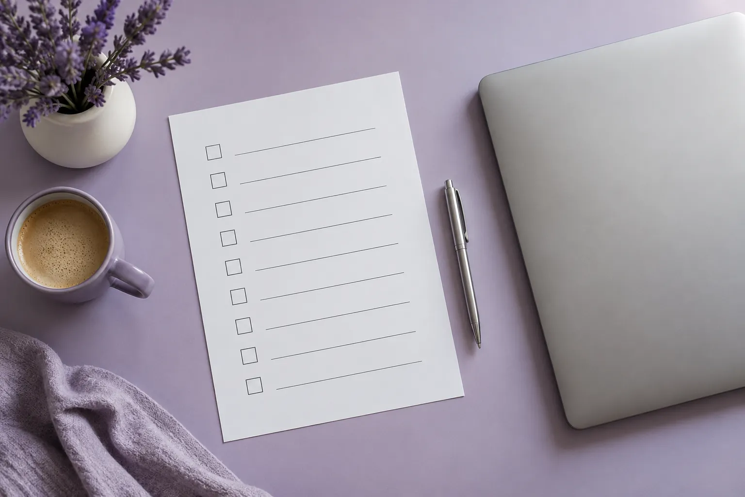 Blank checklist, silver pen and closed laptop on a lavender desk.