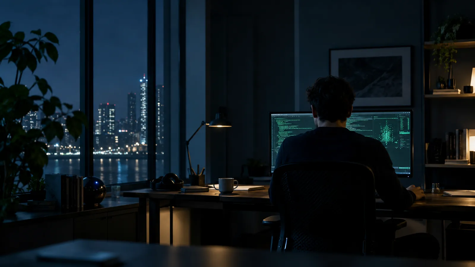 Person at two computer monitors in a dark office overlooking an illuminated city.