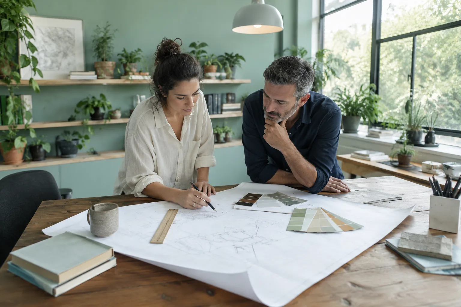 Two people reviewing large drawings and colour samples in a bright studio.