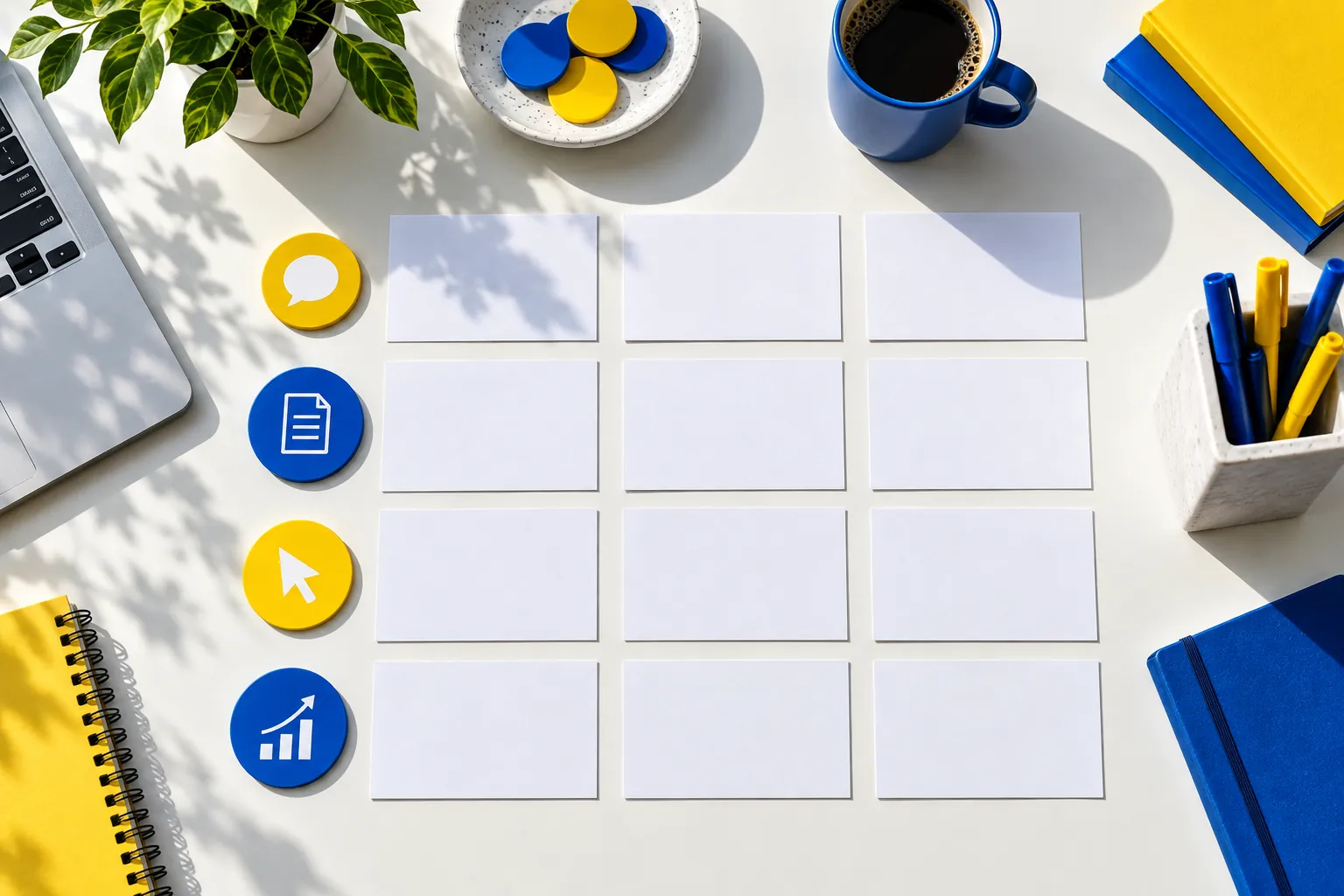 Blank query cards and coloured measurement markers on a desk
