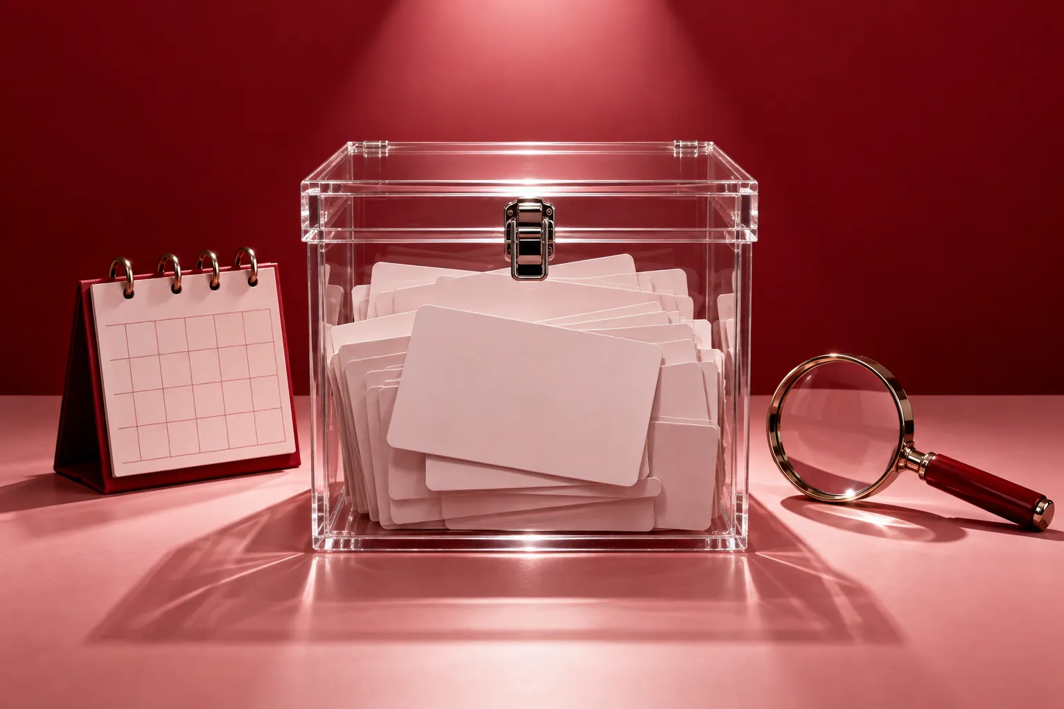 Transparent evidence archive with calendar and magnifying glass