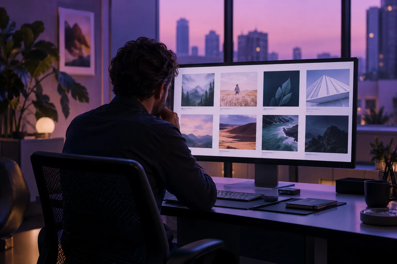 Analyst reviewing image thumbnails in a purple-lit evening office.