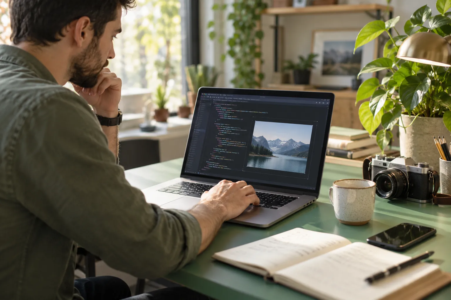 Developer reviewing code and a photograph on a laptop beside a camera.