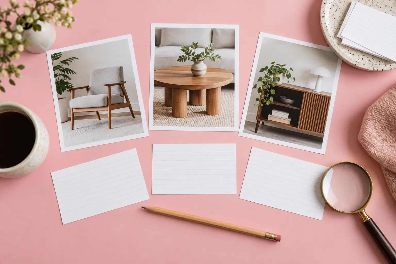 Furniture photographs and blank notes arranged on a pink worktable.