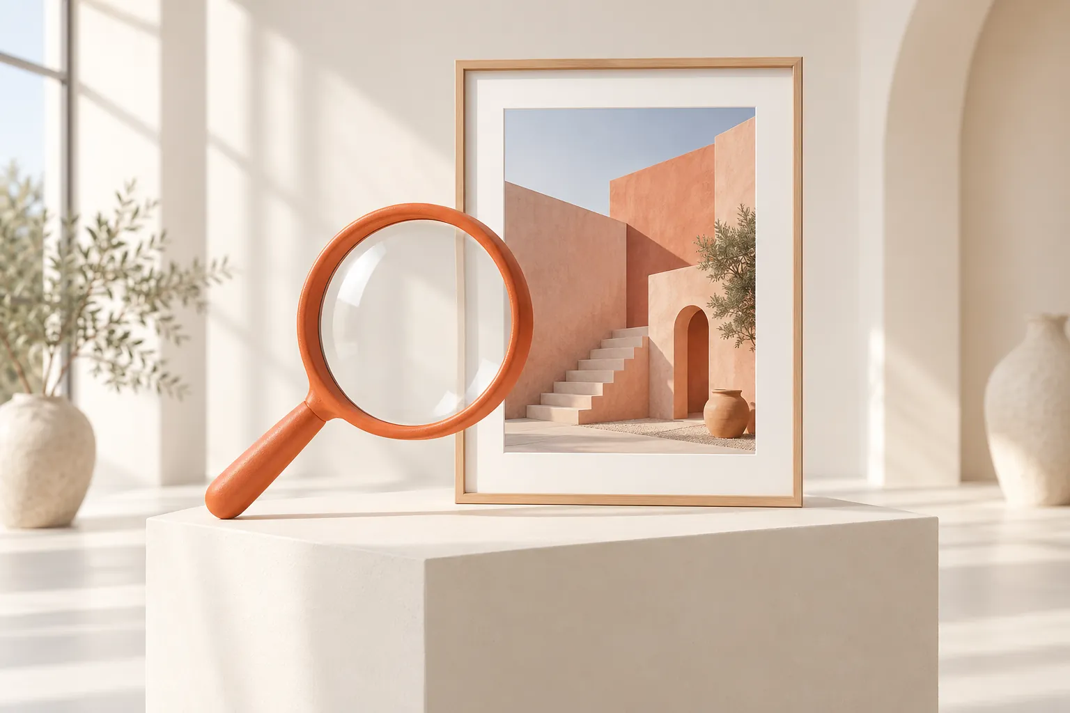 Orange magnifying glass beside a framed architectural image in a bright cream studio.