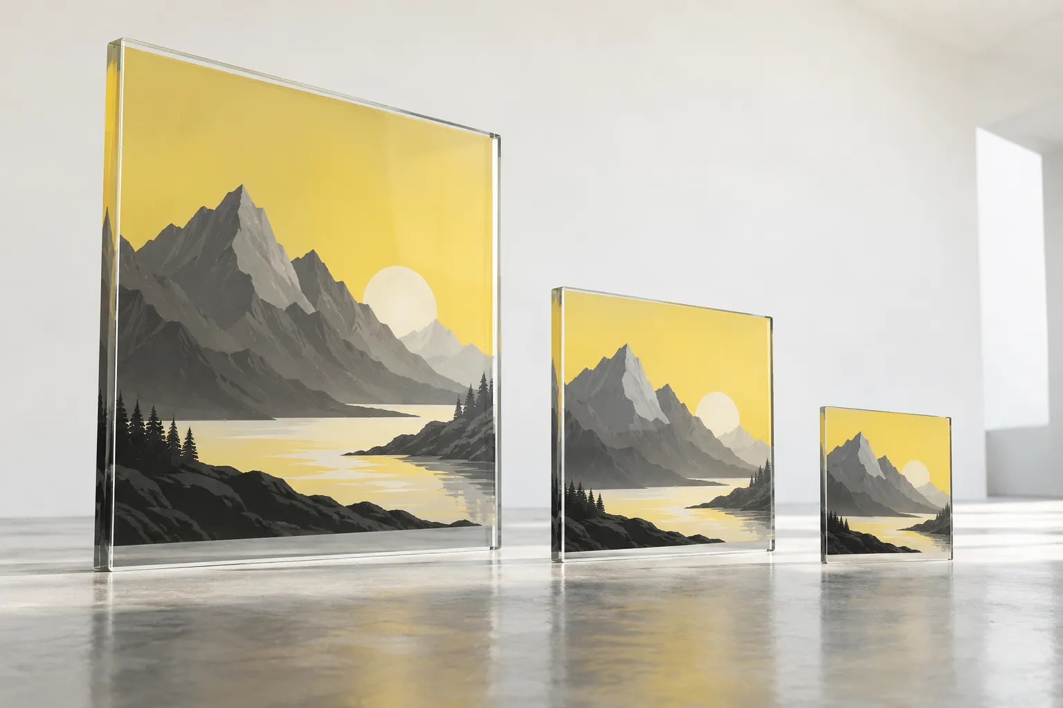 Three differently sized transparent panels displaying a landscape illustration.