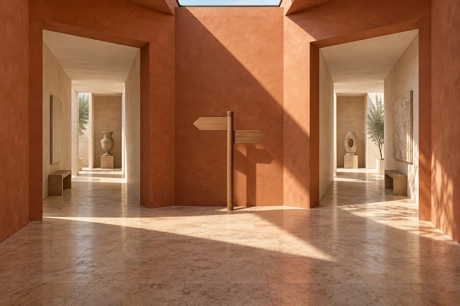 Illustrative museum corridor with an unlabelled directional sign, used as a metaphor for navigation choices