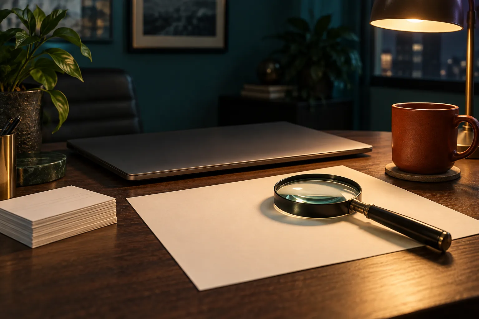 Illustrative closed laptop, blank evidence cards and magnifying glass on a review desk, not an actual SEO audit