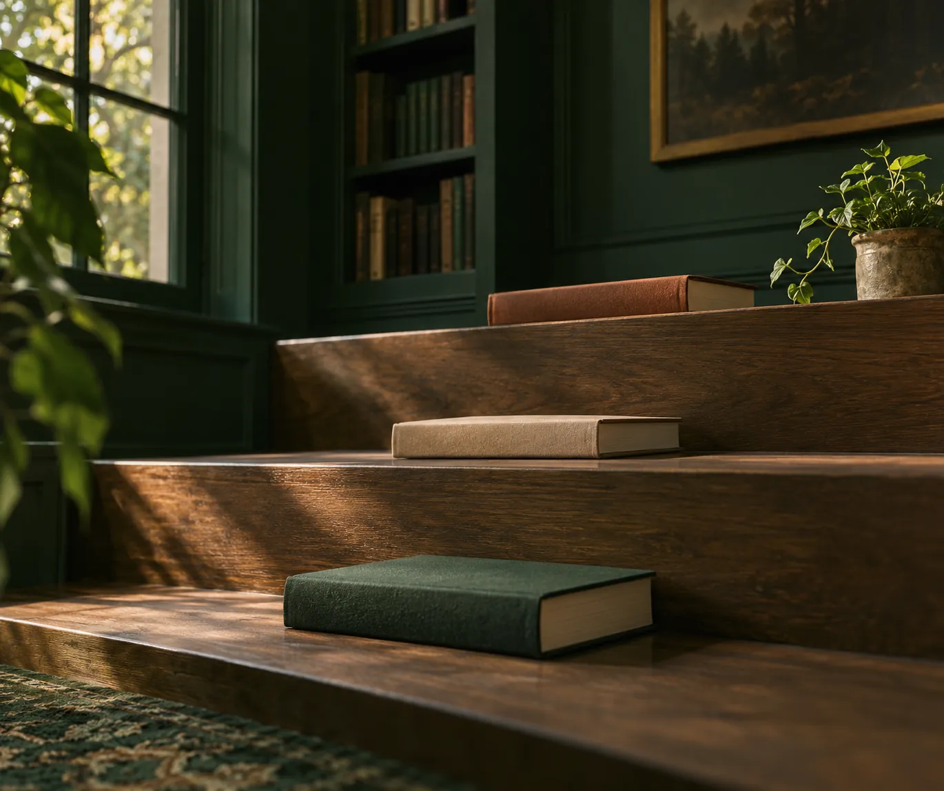 Books on wooden steps in a sunlit dark-green room