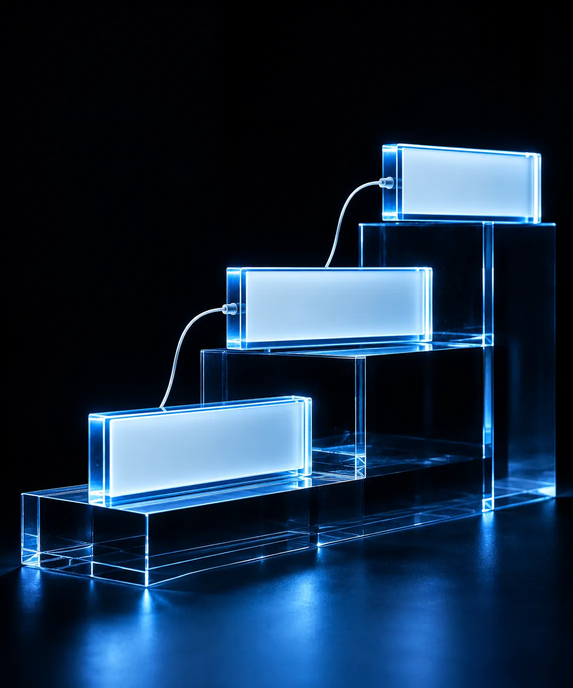 Conceptual illuminated acrylic steps with blank plaques against a dark background