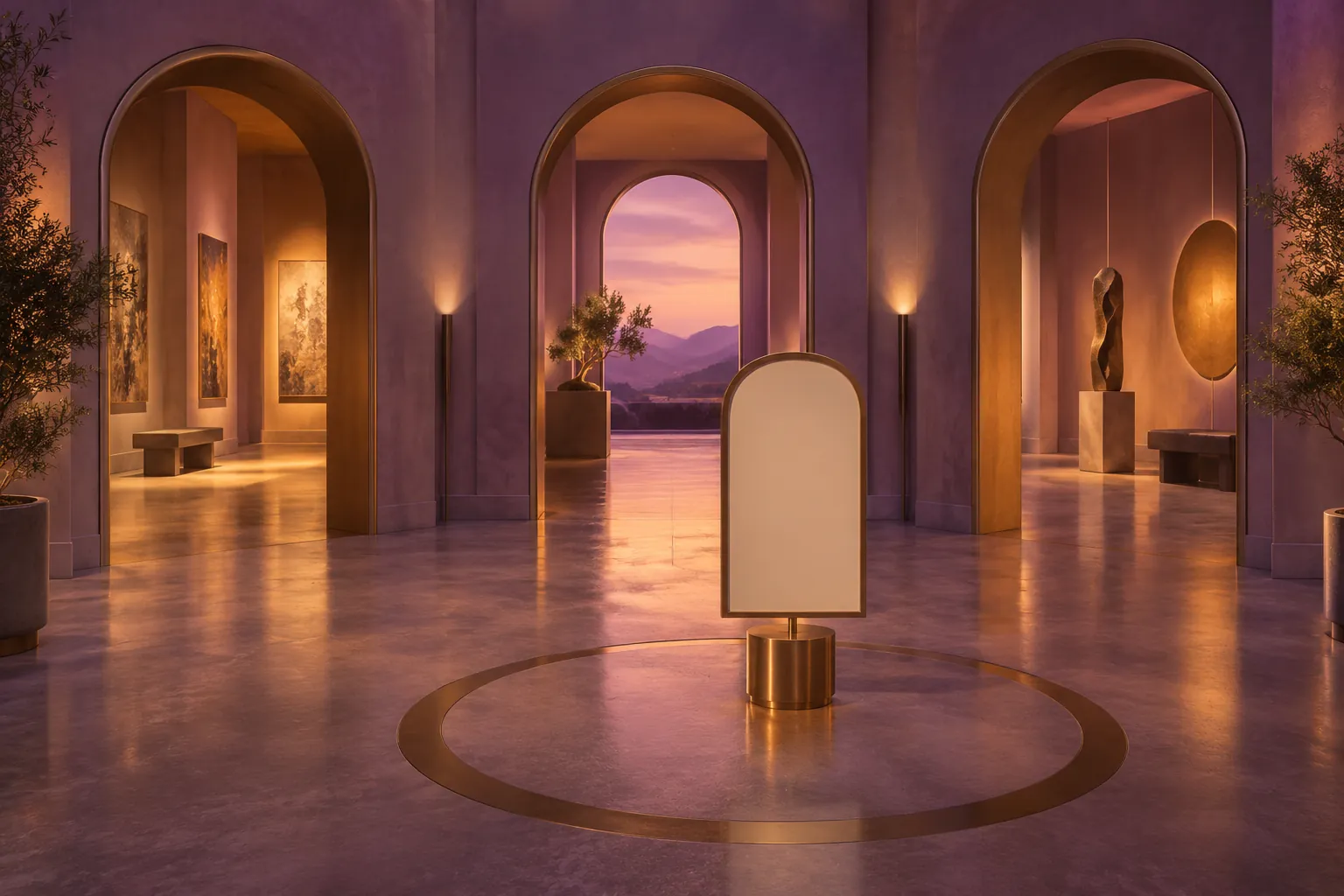 Freestanding blank panel in a purple-and-gold arched hall