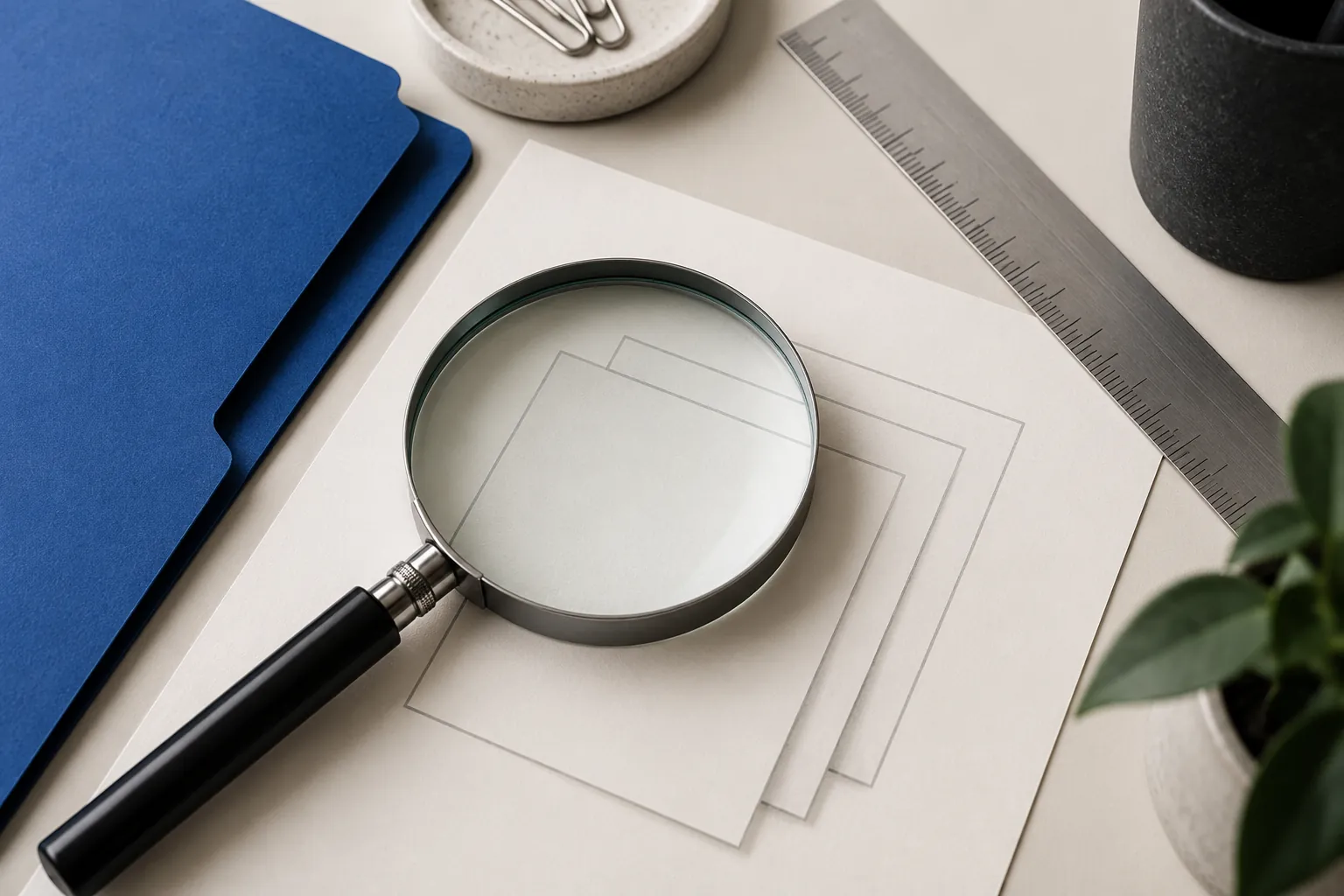 Magnifying glass over outlined paper rectangles beside blue folders
