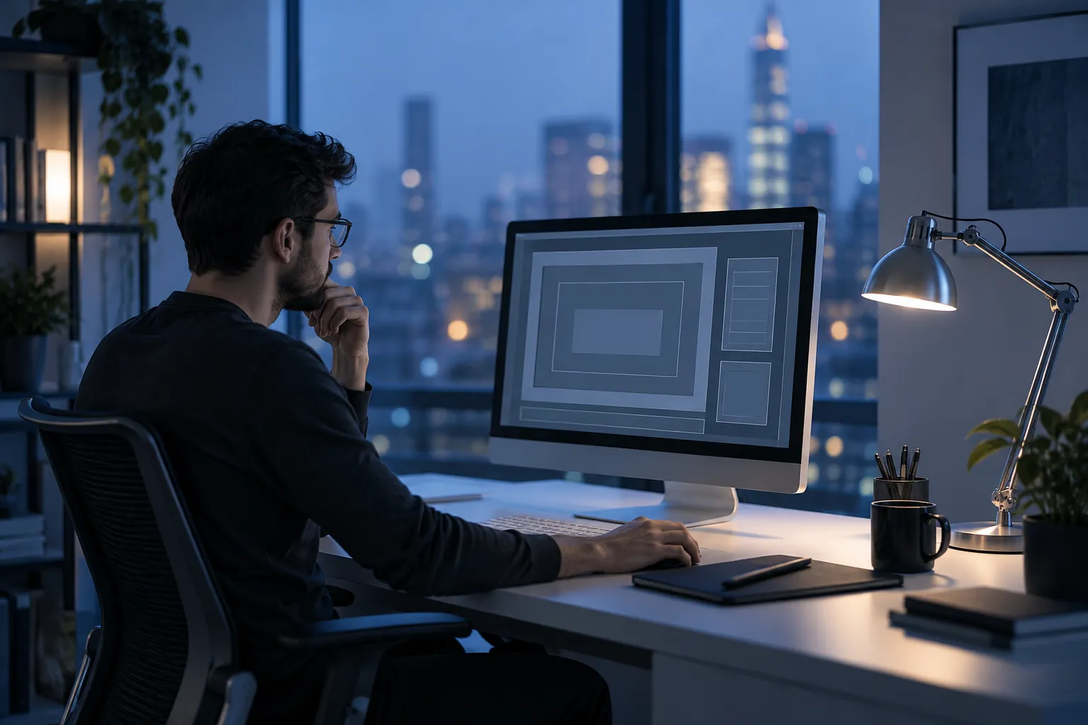 Person at a computer showing a wireframe layout in a blue dusk office