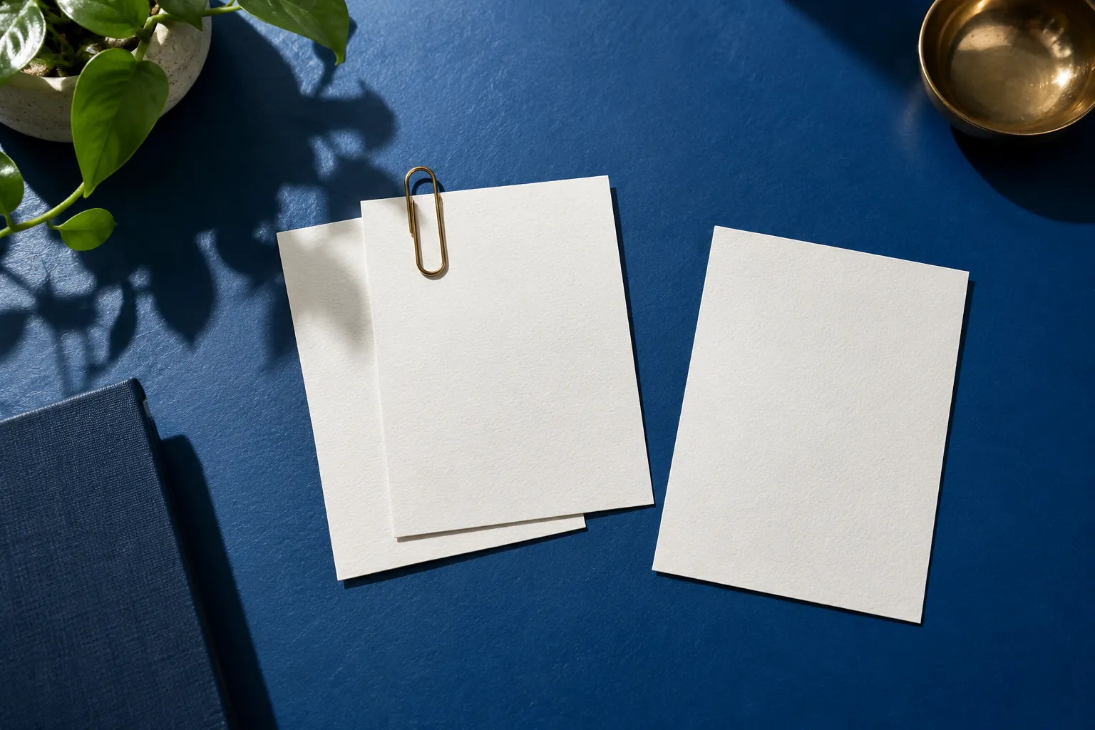 Concept illustration: Blank page cards grouped with a brass paperclip on a cobalt desk