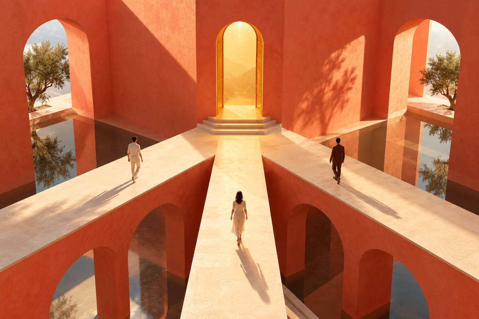 Concept illustration: Cream pathways converging at an amber doorway in a sunlit coral gallery