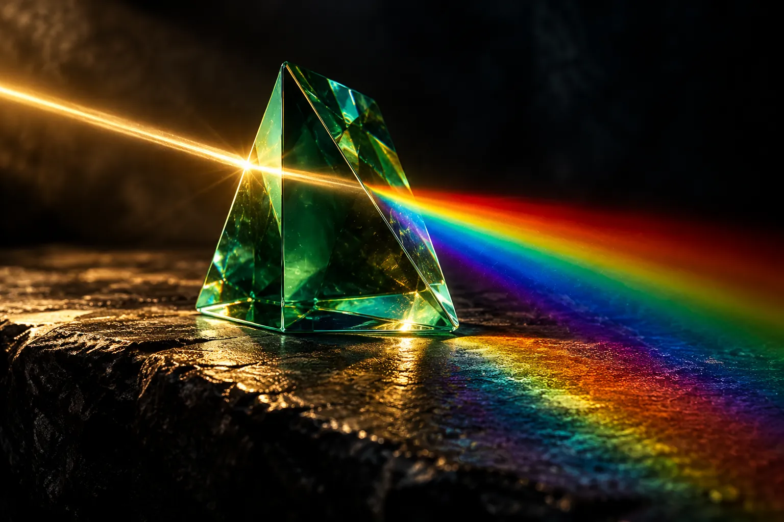 Concept illustration: Emerald glass prism and golden light on black stone