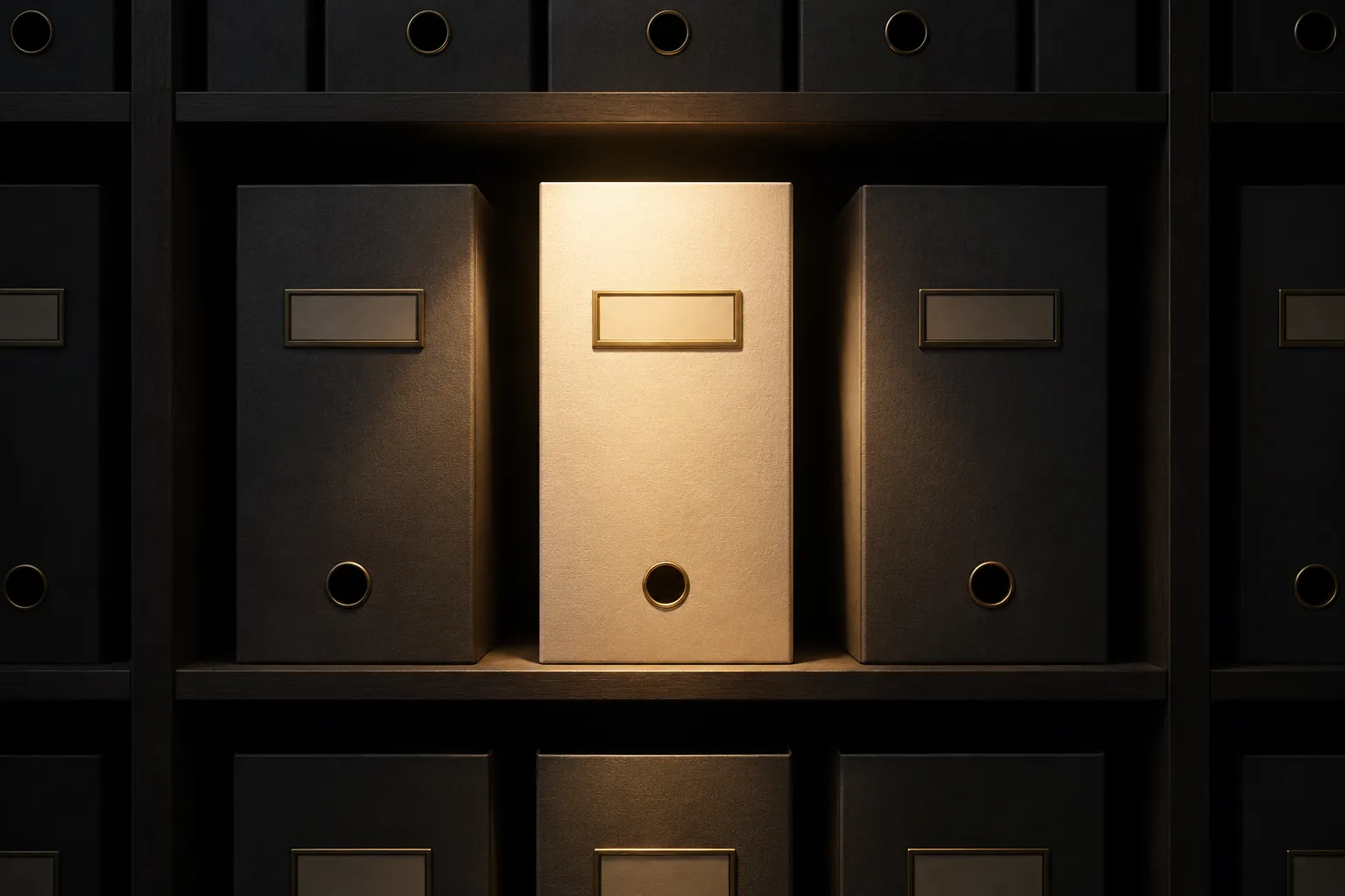 Concept illustration: Illuminated ivory folder beside grey folders in a charcoal archive