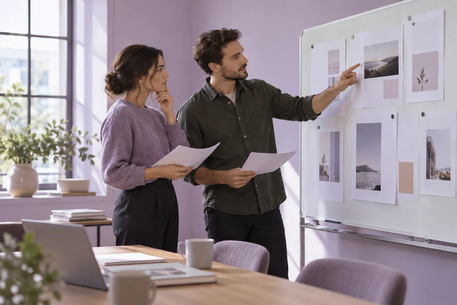Concept illustration: Two professionals discussing a visual planning board in a softly lit meeting room