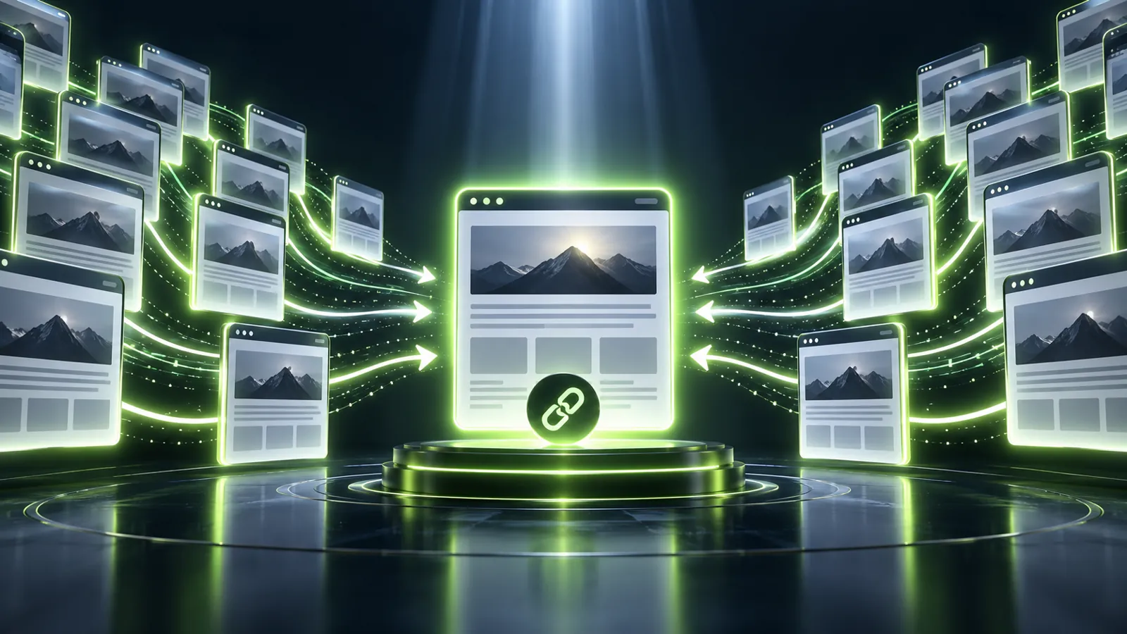 Duplicate webpage panels converging on one canonical URL card