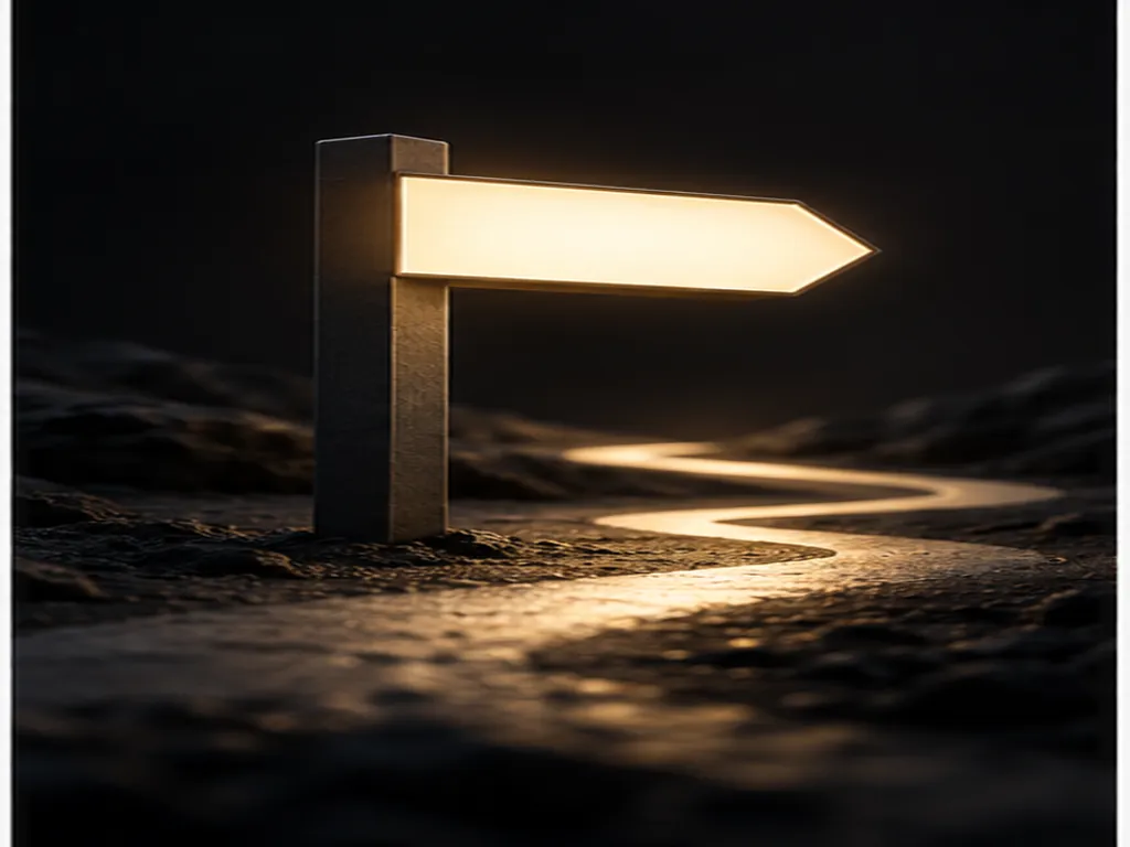Illuminated route marker in a dark studio