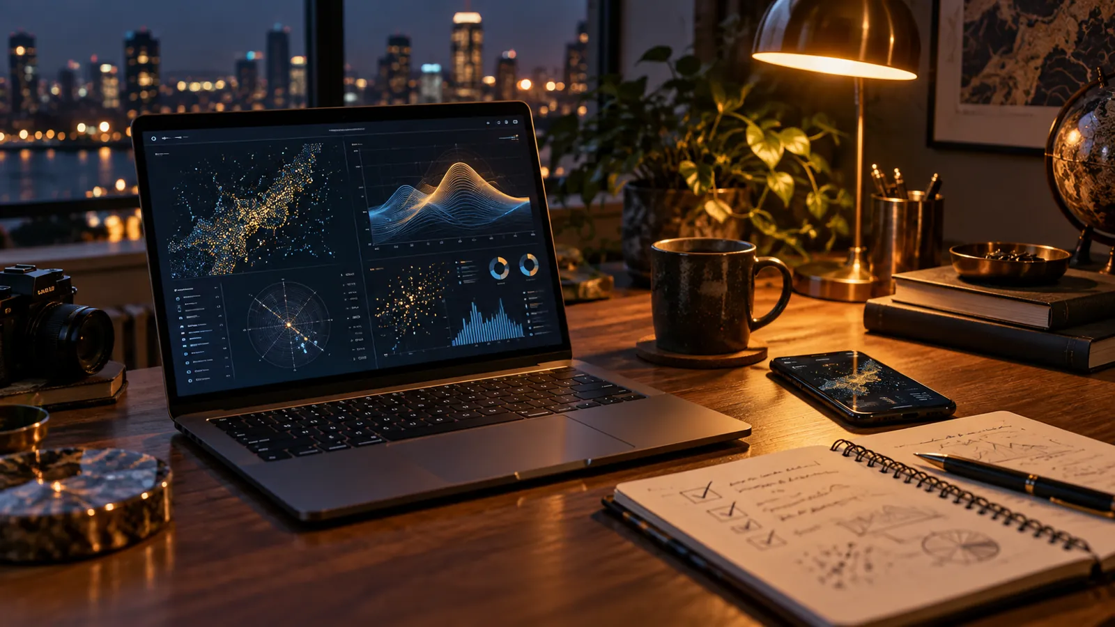 Field performance analysis workspace under an amber lamp