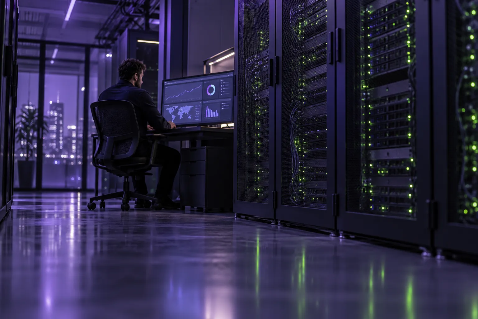 Healthy server rack and abstract crawl dashboard in violet light