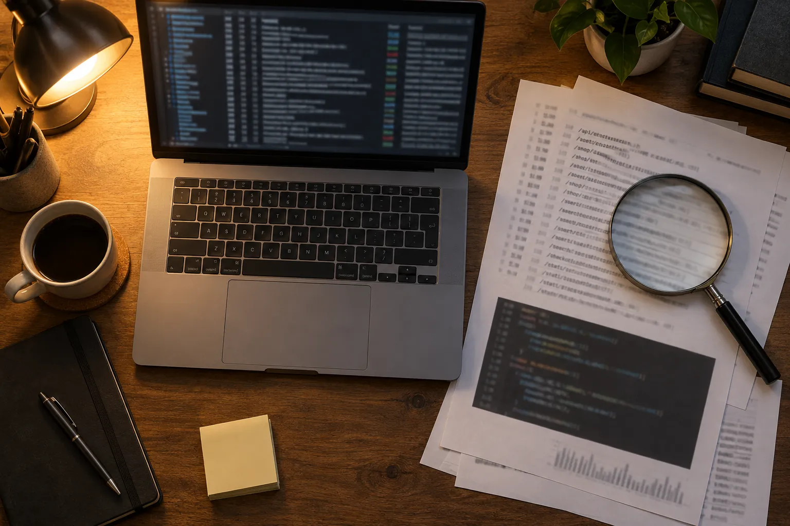 Server log analysis workspace under an amber desk lamp