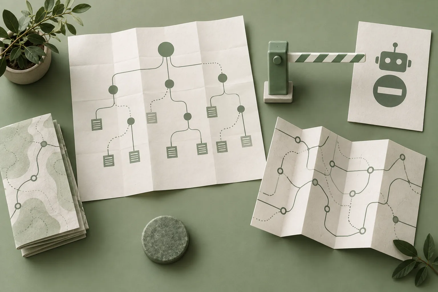Sitemap route and crawler gate represented on a green studio table