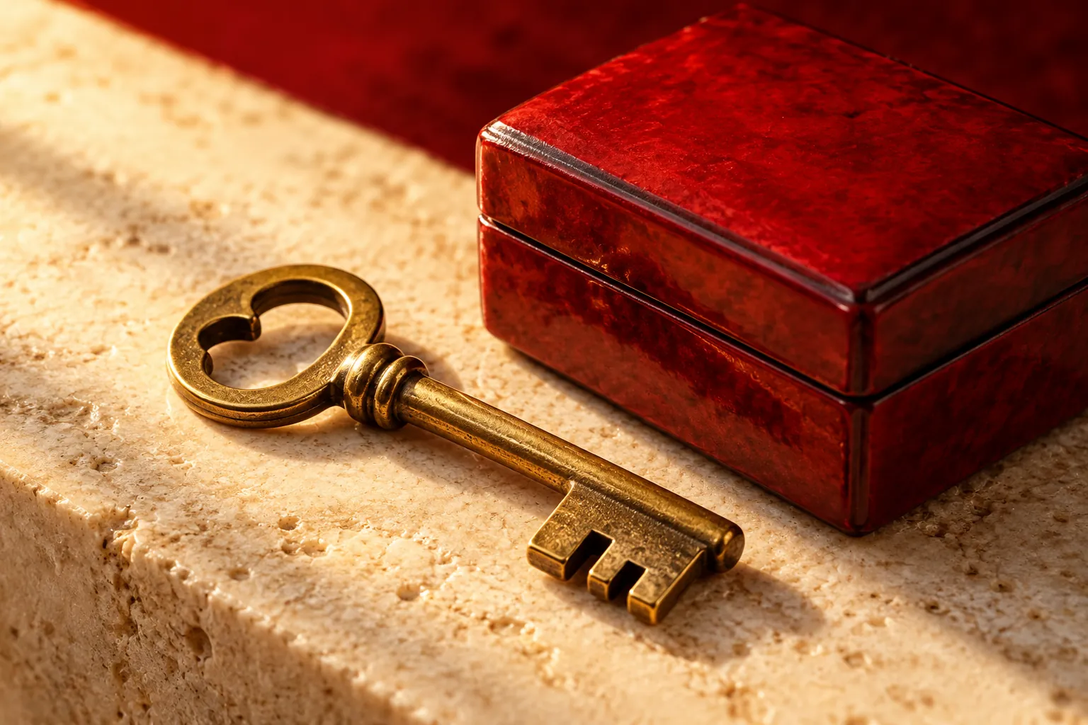 Brass key beside a closed red box on sunlit stone