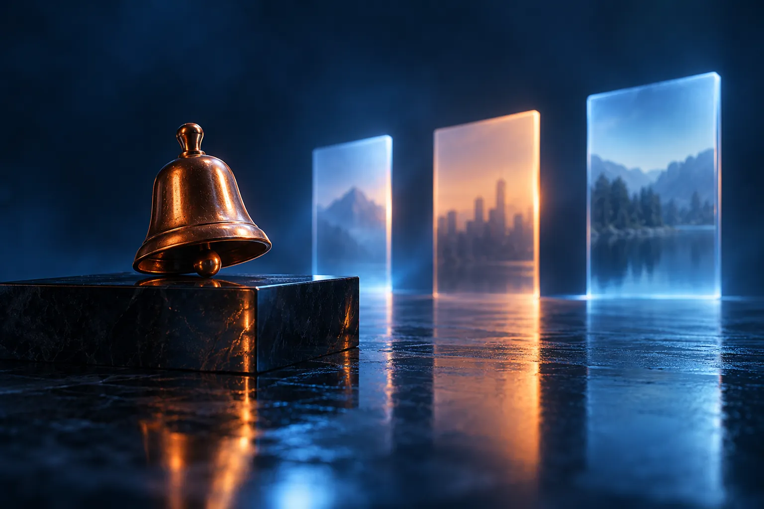 Conceptual brass bell and glowing panels in a dark blue studio