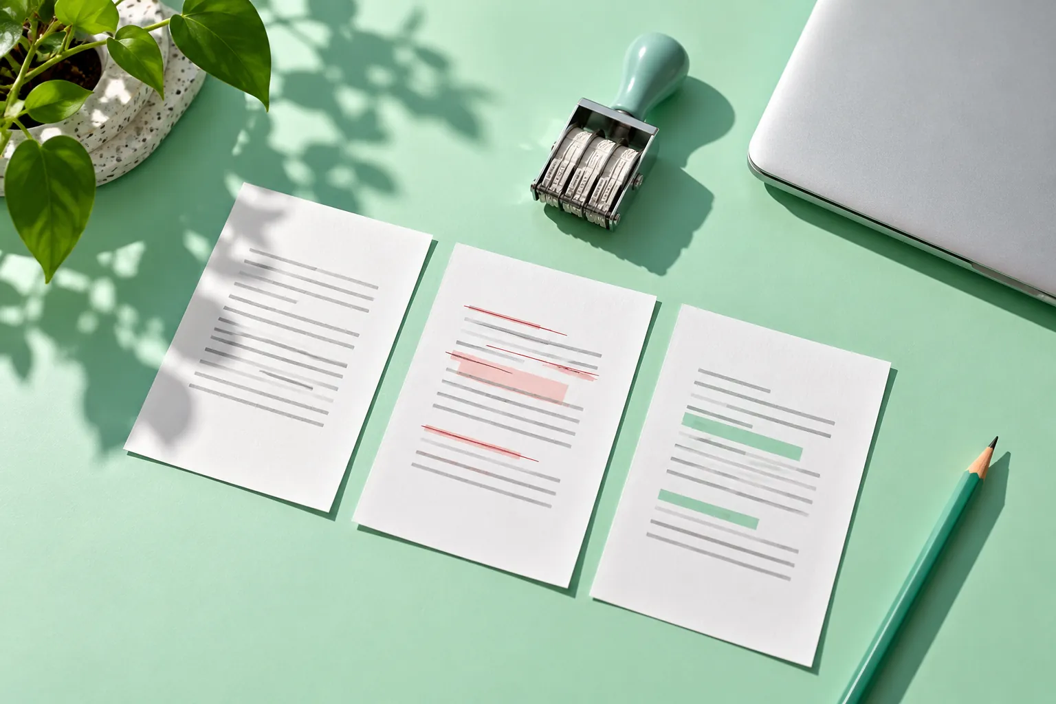 Mint desktop with abstract revision cards, stamp and pencil