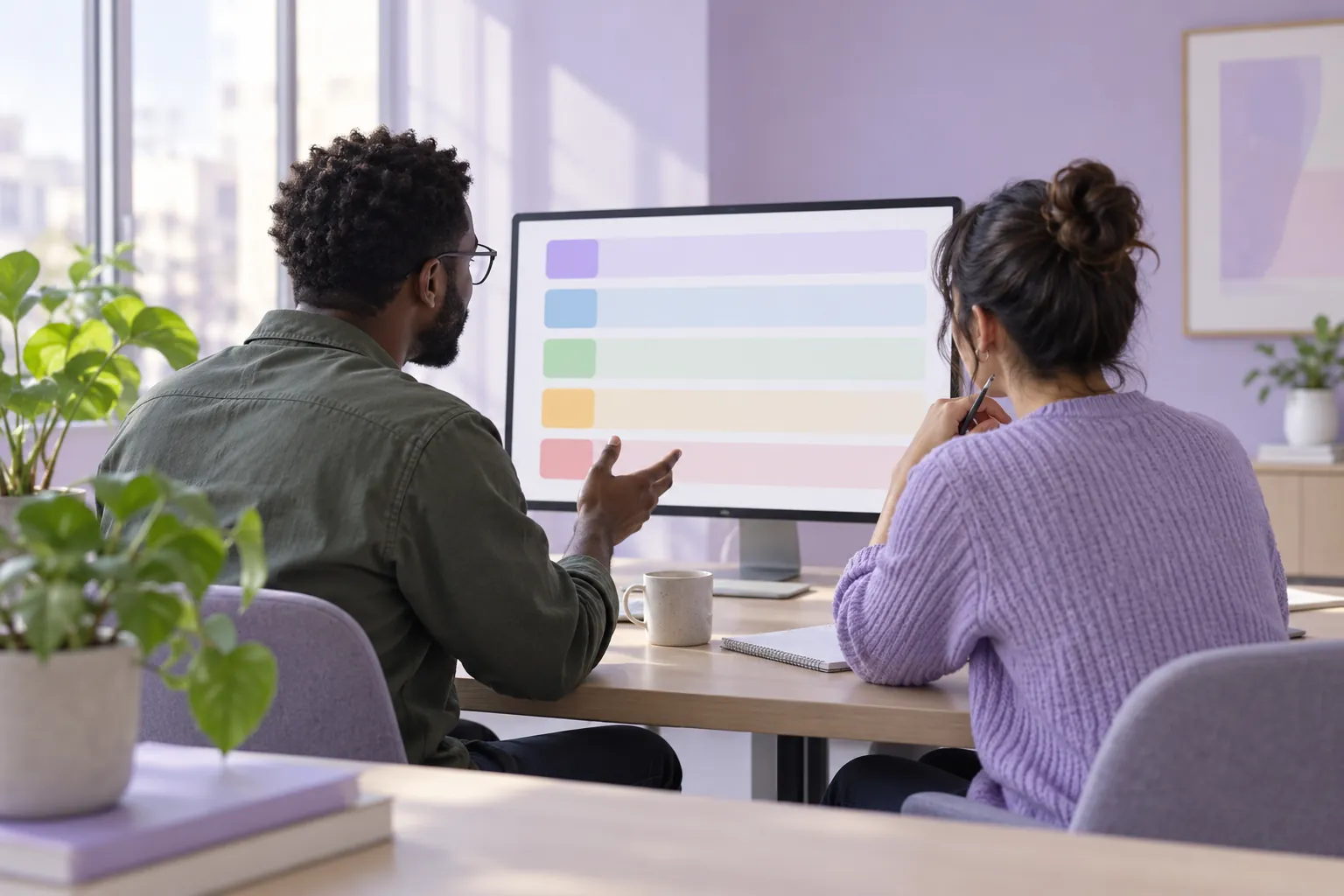 Two colleagues reviewing abstract screen rows in a lavender office