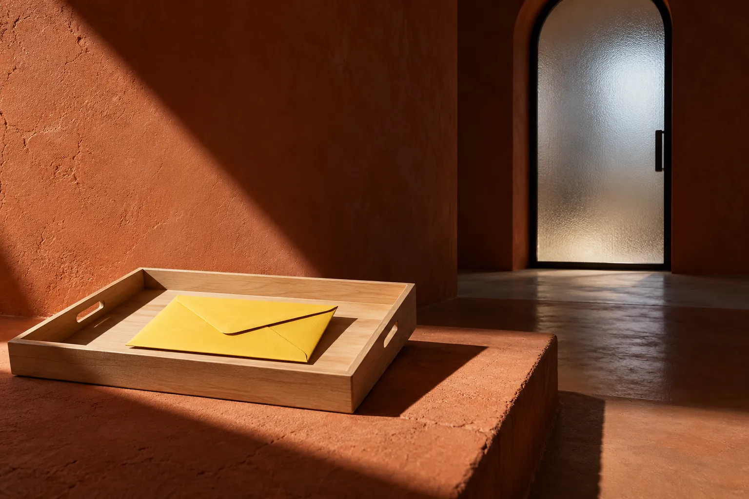 Yellow envelope in a wooden tray beside a closed frosted doorway