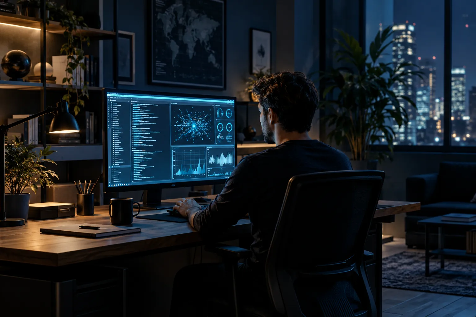 Analyst viewing abstract code and charts in a blue-lit office