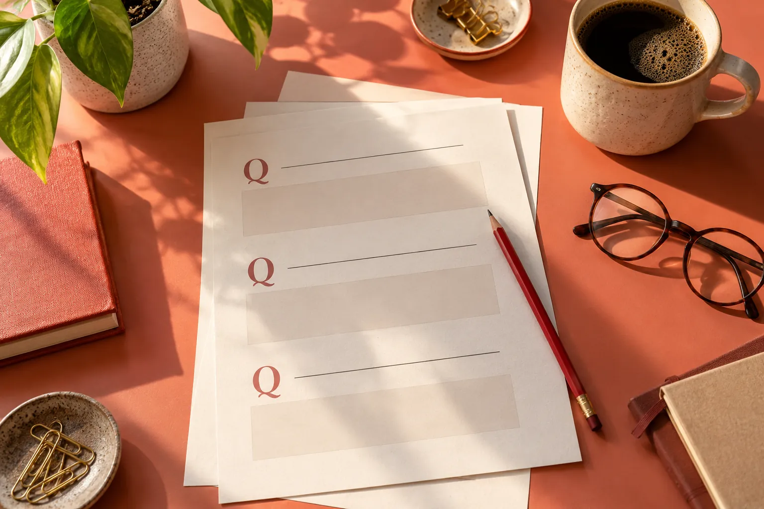 Question layout sheets beside pencil and glasses on coral desk