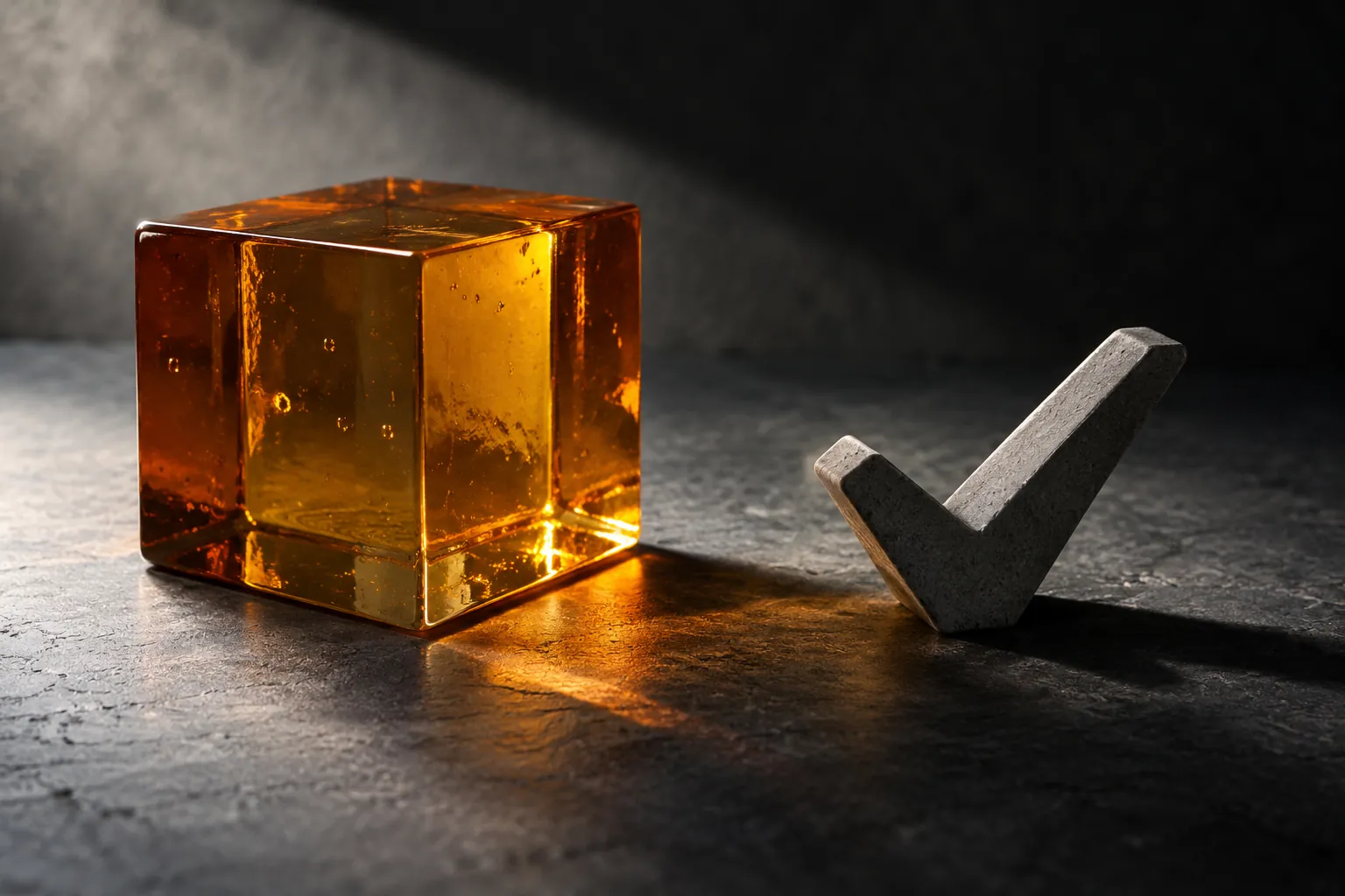 Transparent amber cube beside dark checkmark on textured studio surface