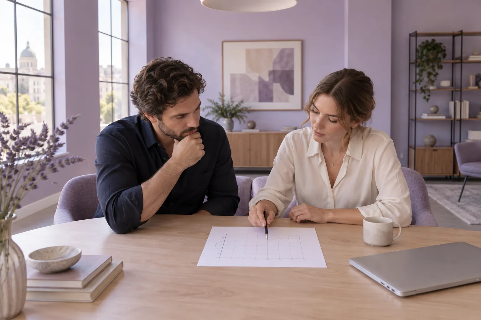 Two people reviewing a printed grid in a lavender meeting room