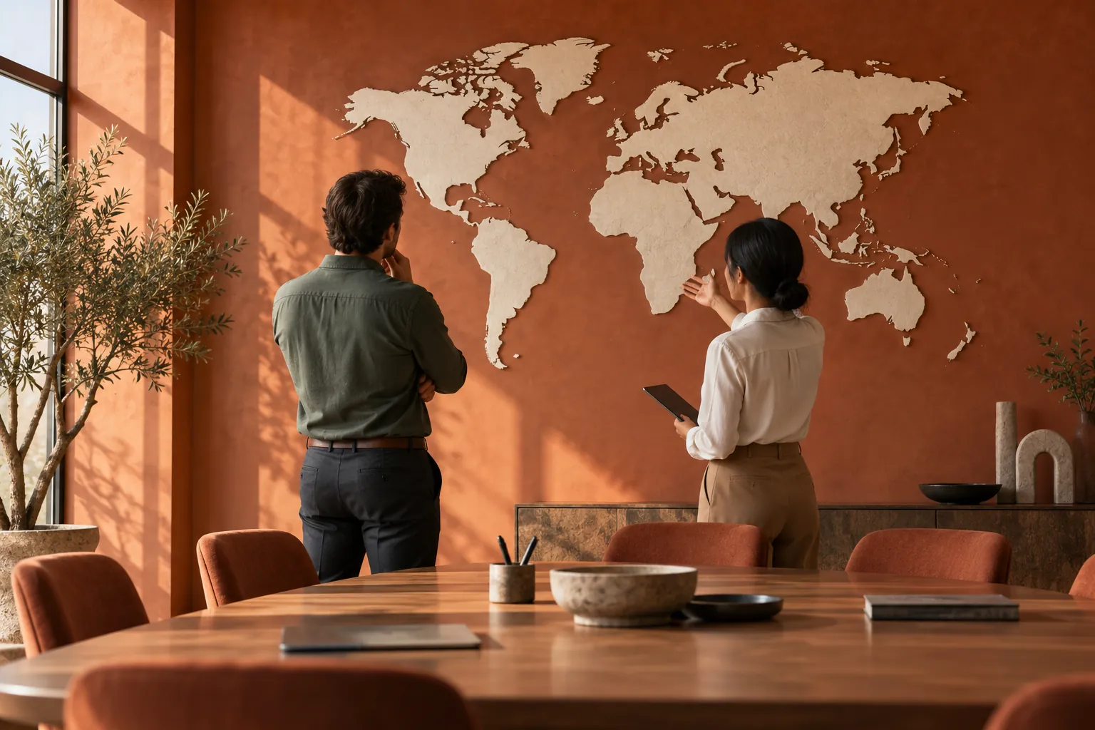 Colleagues reviewing a world map silhouette in a coral meeting room
