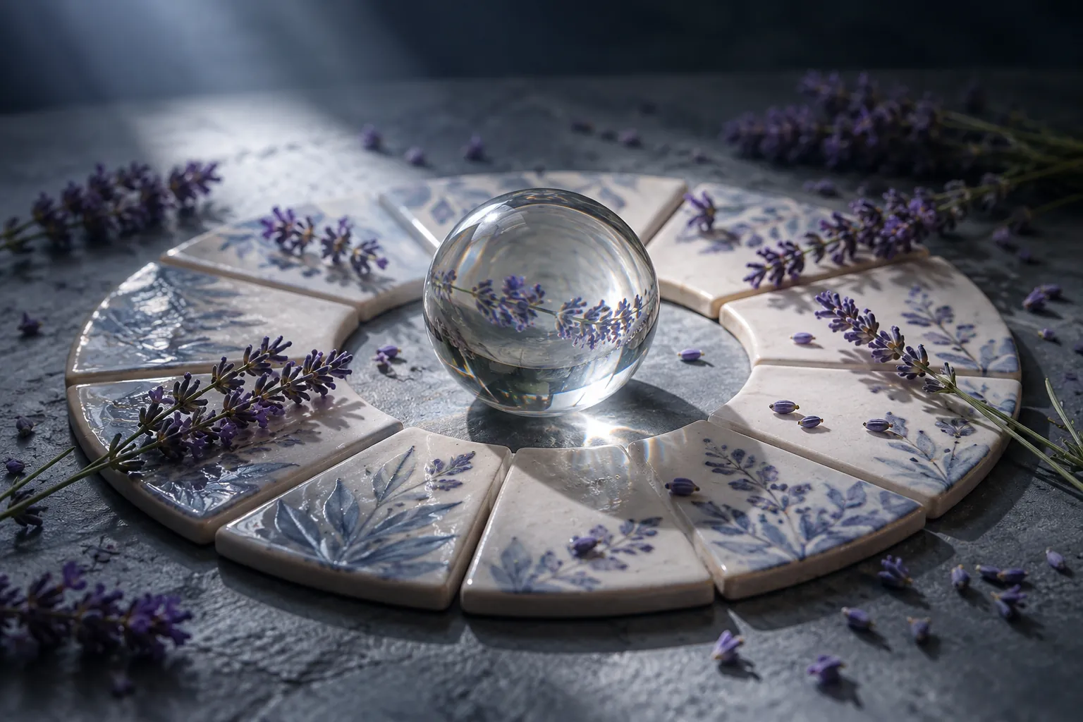 Glass sphere surrounded by ceramic tiles on a lavender surface