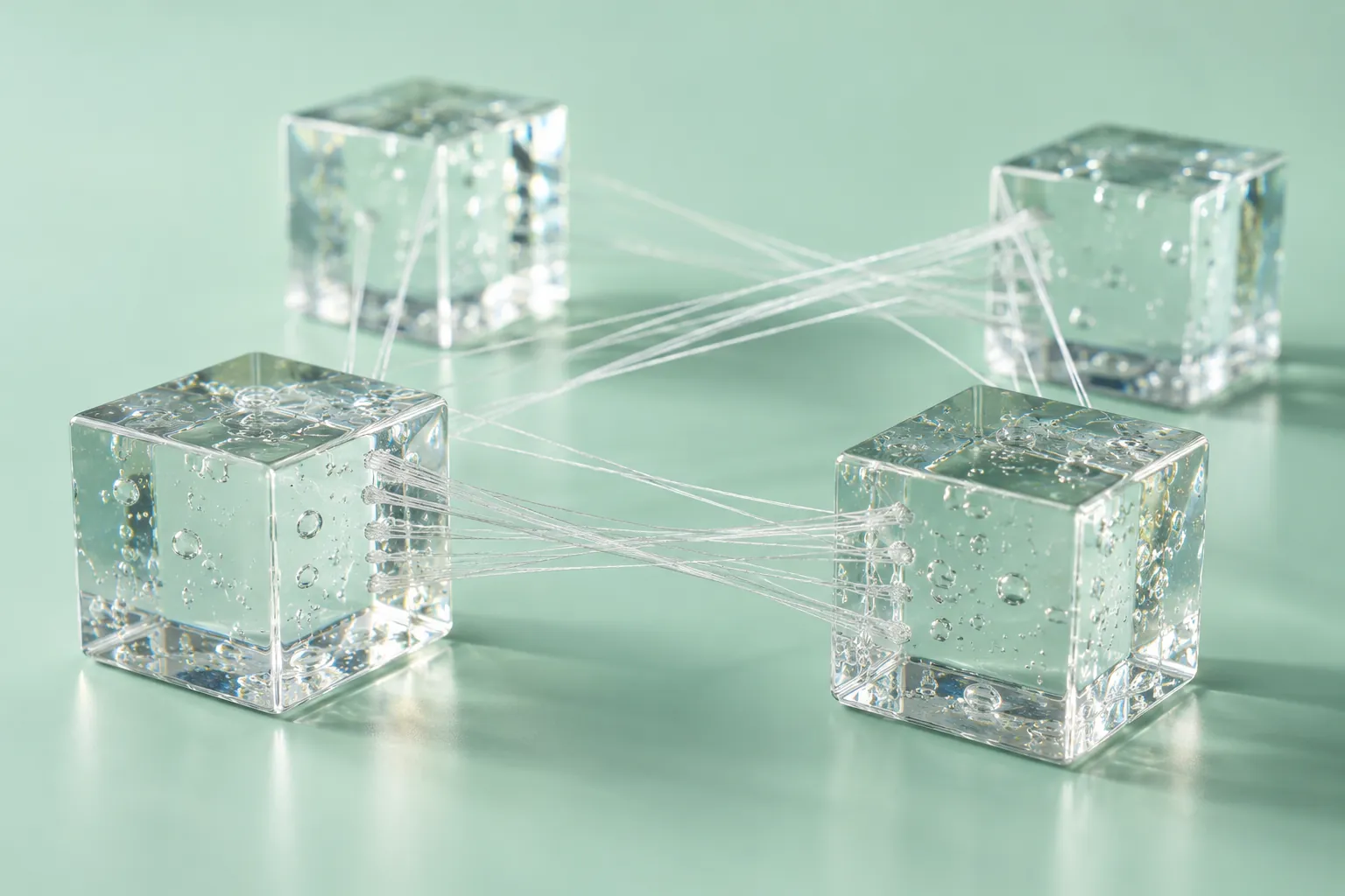 Transparent cubes linked with reciprocal white threads