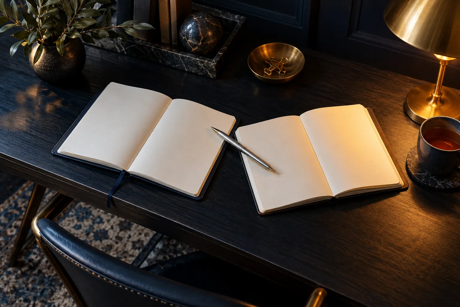 Two open notebooks on a dark desk under warm lamplight