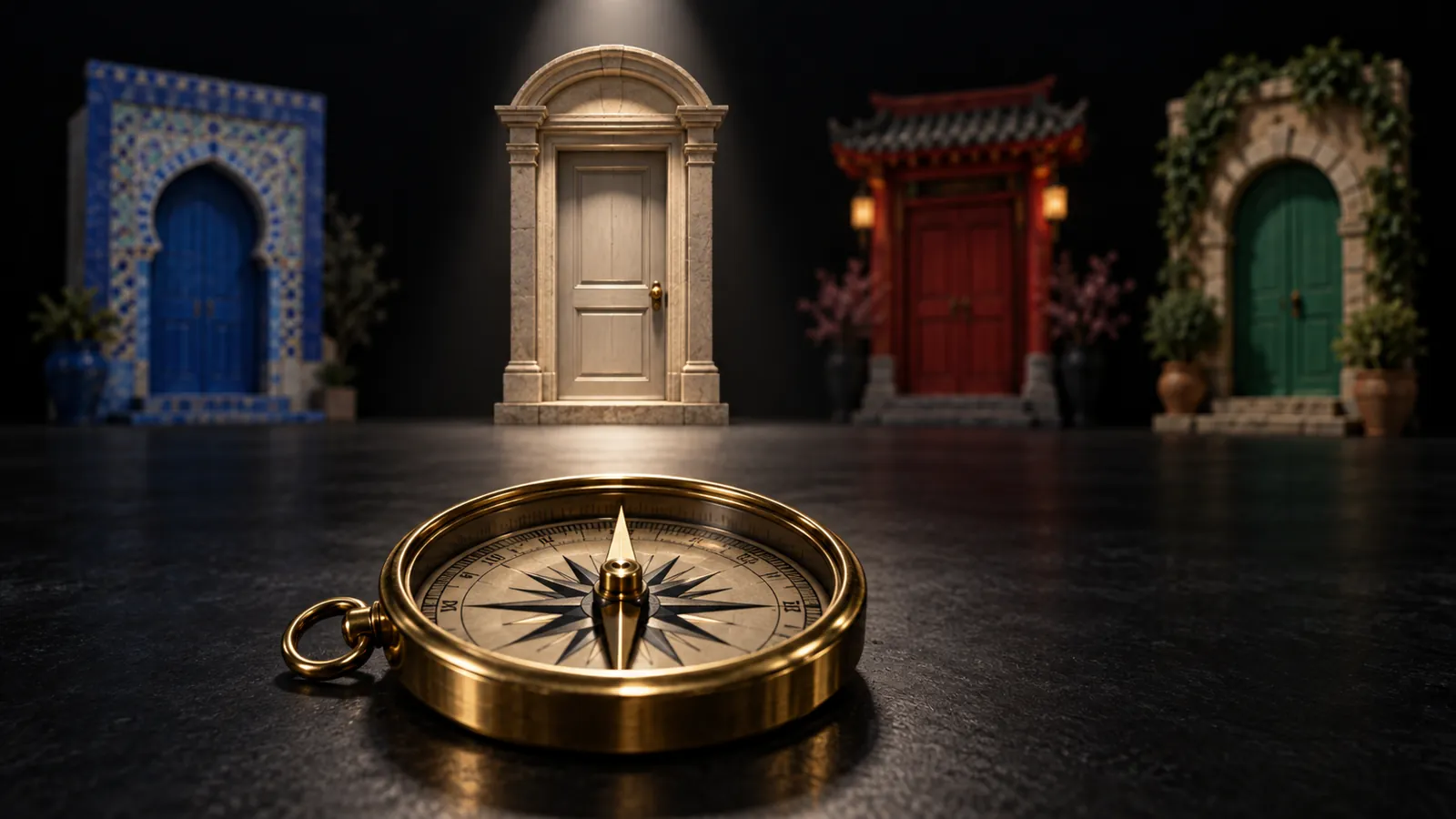 Brass compass pointing towards several regional doorways