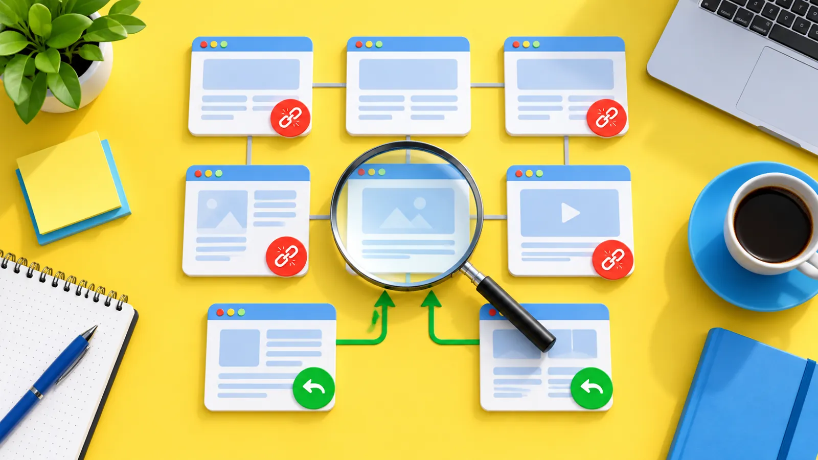 Bright audit desk with page cards and return-link markers