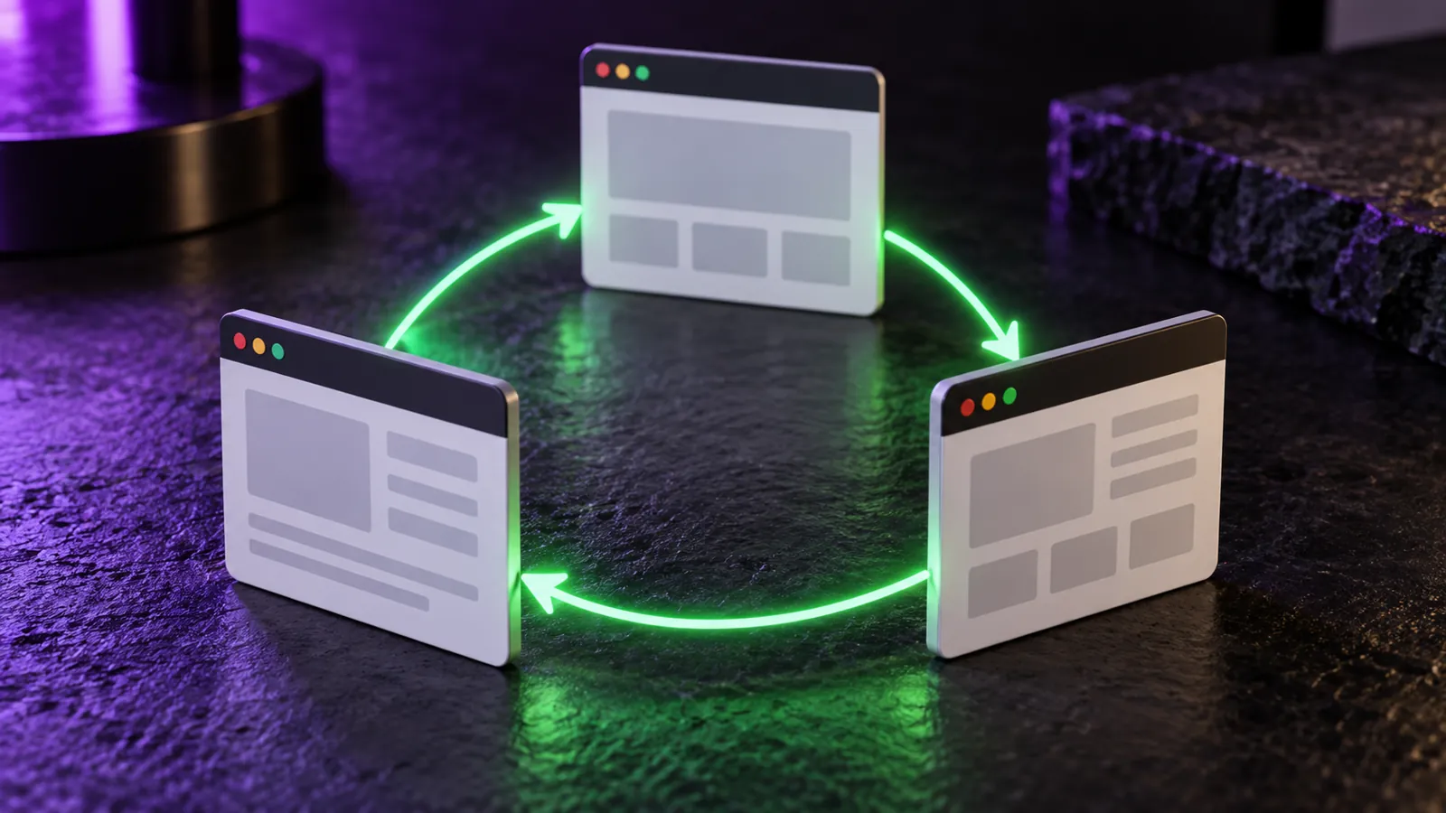 Browser cards connected by a reciprocal green hreflang loop
