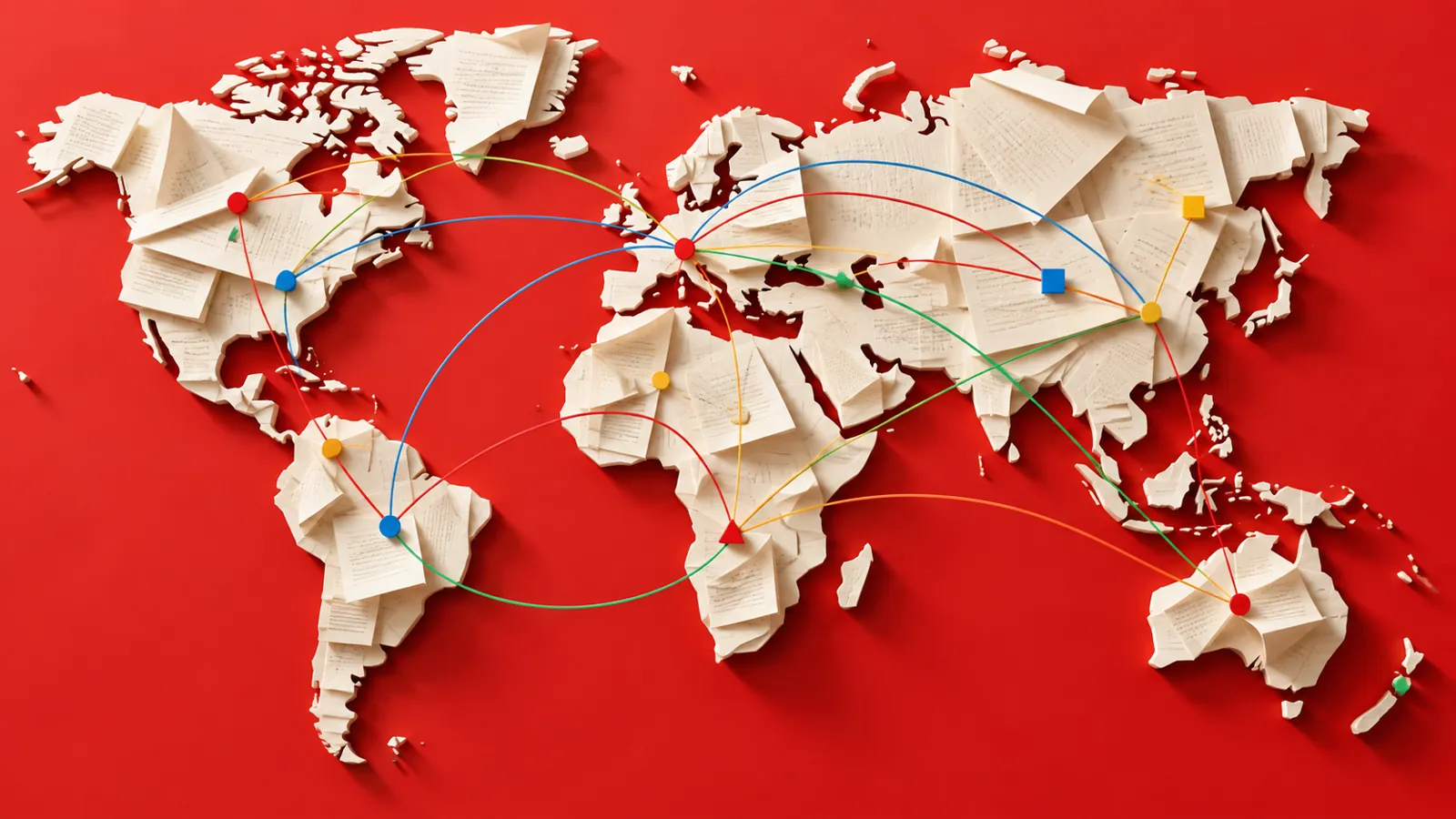 Cream paper world map with coloured language routes on red