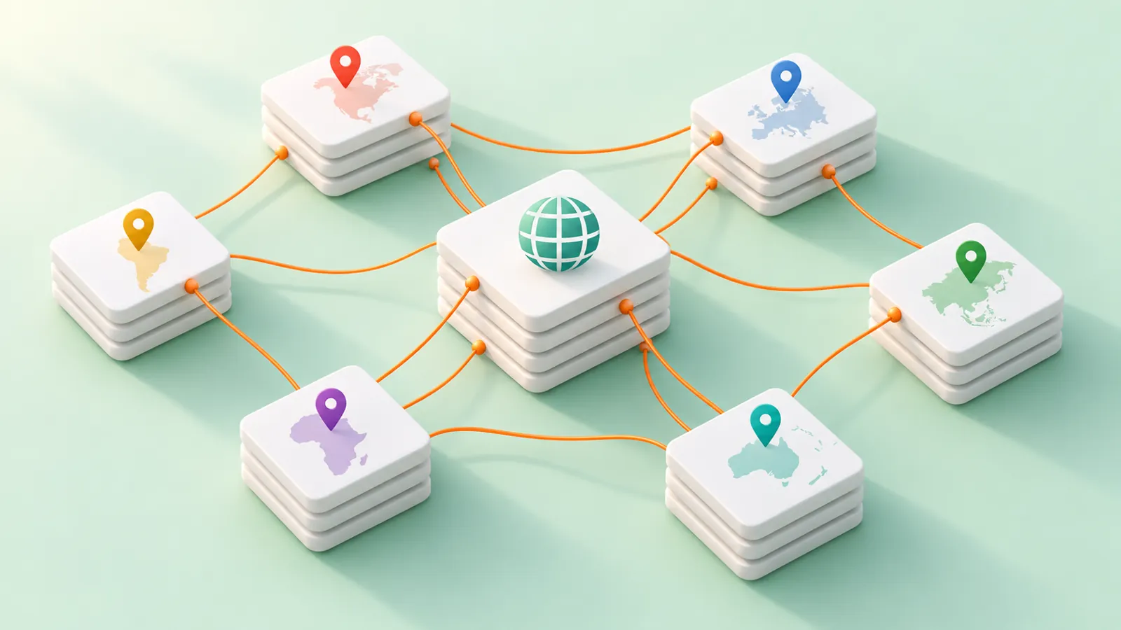 Isometric XML sitemap tiles connected across regions