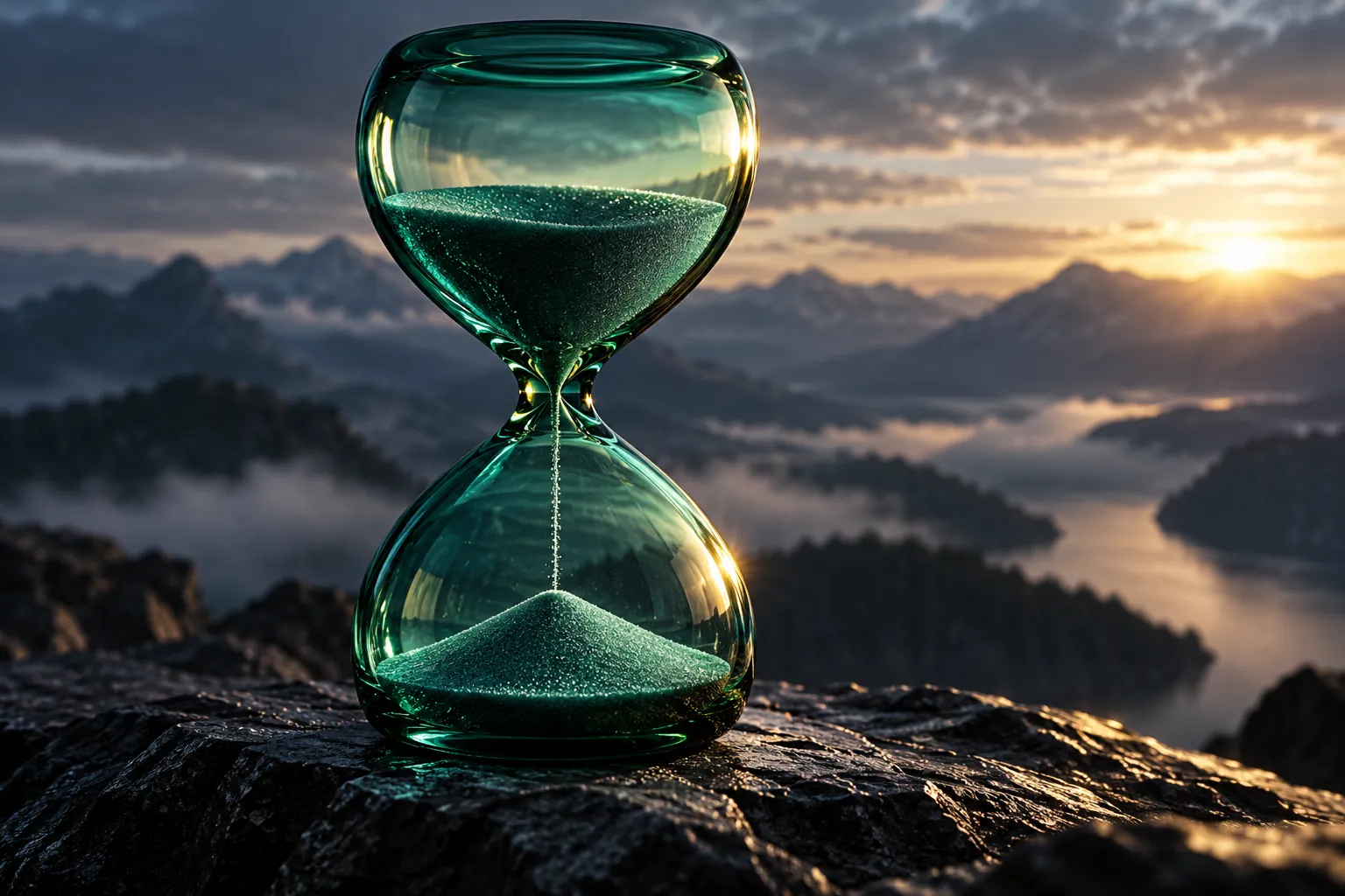 Emerald glass hourglass on a rock above a mountainous lake at sunset